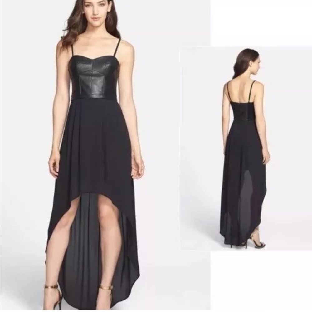 BCBGMaxaria Leandra Black Faux Leather and Chiffon Dress